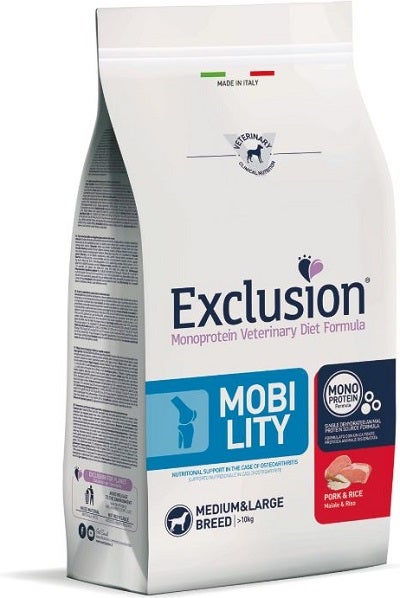 Exclusion Monoprotein Veterinary Diet Formula Mobility Crocchette Suino/Riso Per Cani Taglia Media/Grande Sacco 12kg