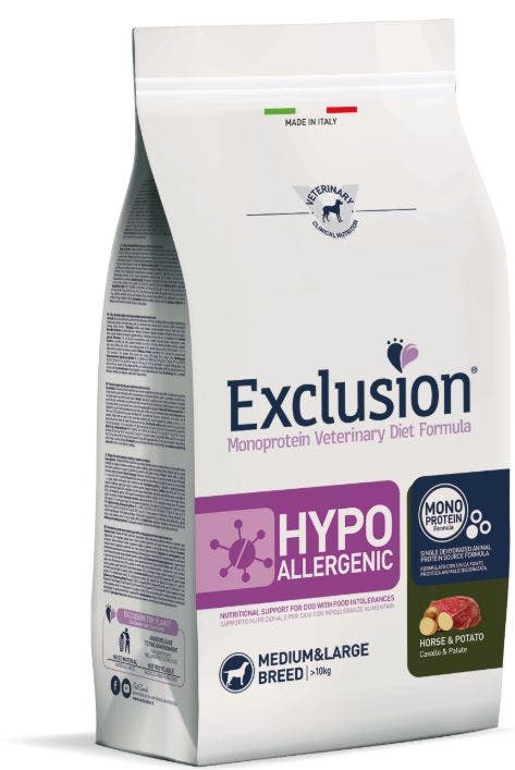 Exclusion Monoprotein Veterinary Diet Formula Hypoallergenic Crocchette Cavallo/Patate Per Cani Taglia Media/Grande Sacco 12kg