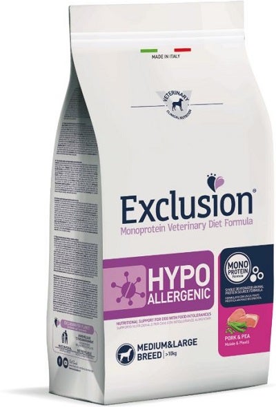 Exclusion Monoprotein Veterinary Diet Formula Hypoallergenic Crocchette Suino/Piselli Per Cani Taglia Media/Grande Sacco 12kg