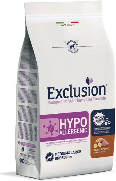 Exclusion Monoprotein Veterinary Diet Formula Hypoallergenic Crocchette Coniglio/Patate Per Cani Taglia Media/Grande Sacco 12kg