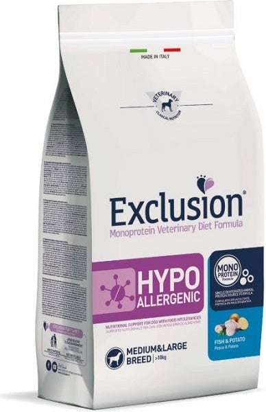 Exclusion Monoprotein Veterinary Diet Formula Hypoallergenic Crocchette Pesce/Patate Per Cani Taglia Media/Grande Sacco 12kg