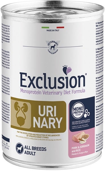 Exclusion Monoprotein Veterinary Diet Formula Urinary Cibo Umido Sorgo/Suino/Riso Per Cani 400g