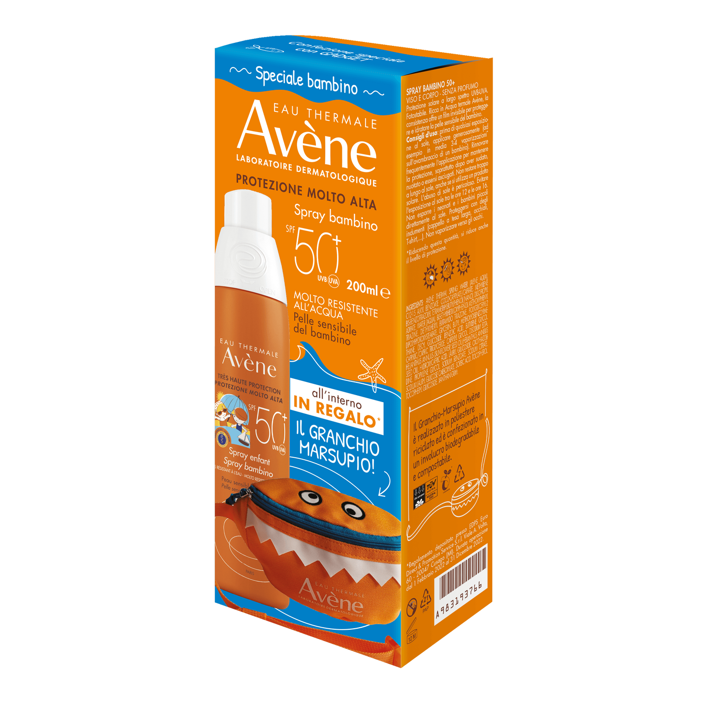 Avene Solare Spray Bambino SPF50+ 200ml  + OMAGGIO Marsupio Granchio