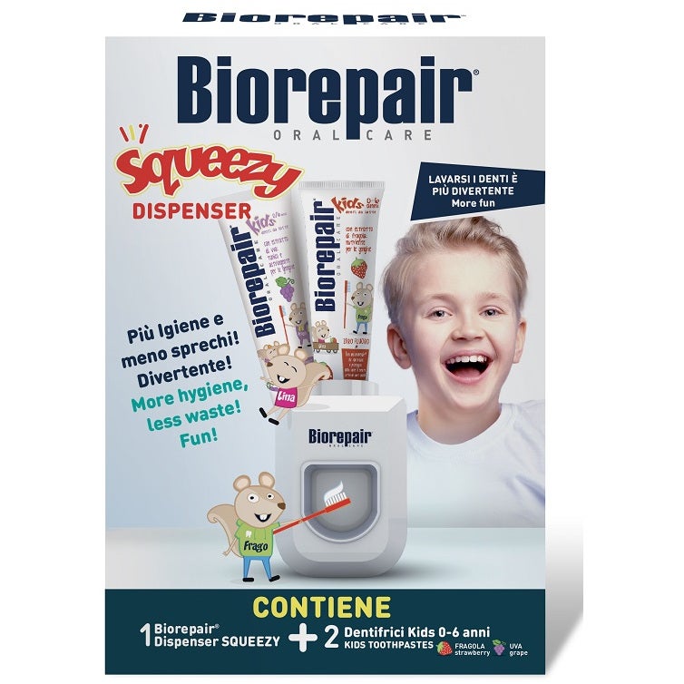 Biorepair Squeezy Dispenser + Dentifricio Bimbi Fragola/Uva 2x50ml 0/6 Anni