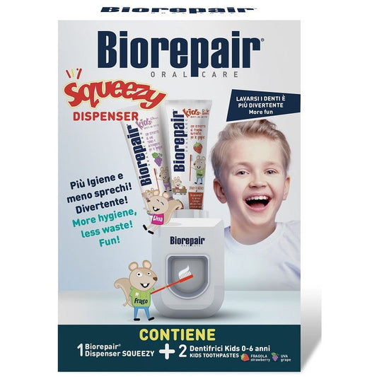 Biorepair Squeezy Dispenser + Dentifricio Bimbi Fragola/Uva 2x50ml 0/6 Anni