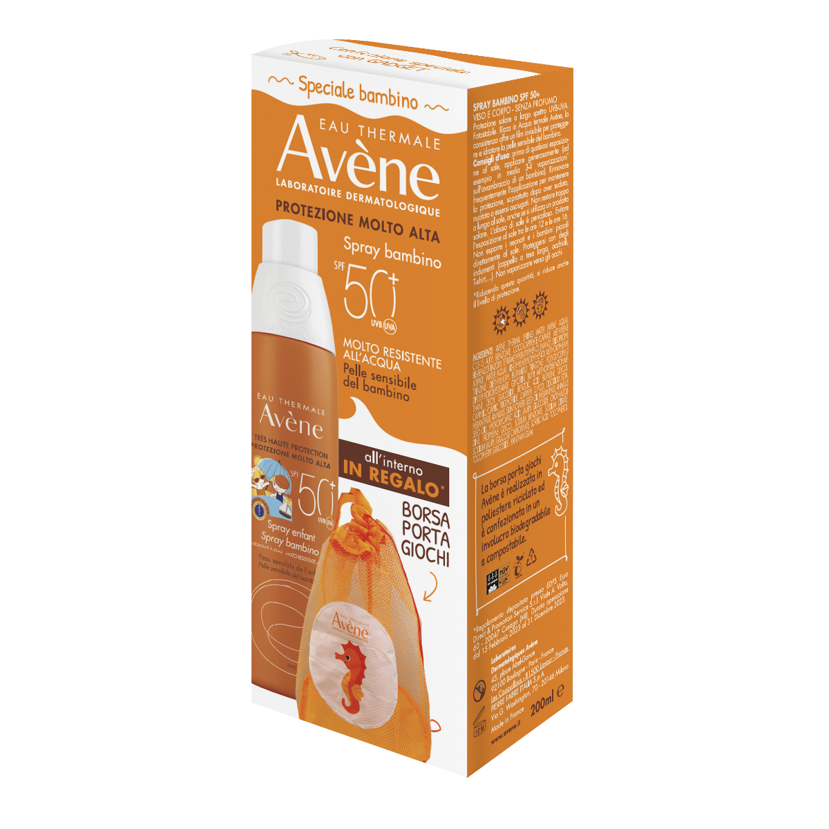 Eau Thermale Avène Spray Solare SPF50+ Bambino 200ml + Borsa Porta Giochi