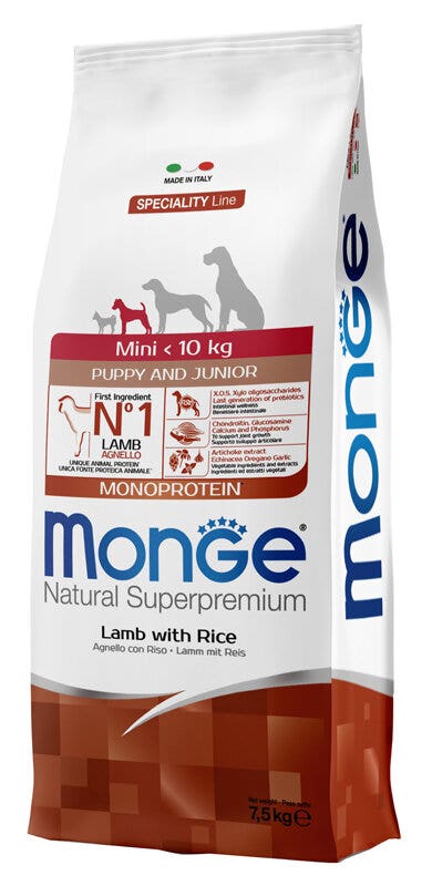 Monge Natural Superpremium Mini Monoprotein Agnello Con Riso Secco Cani Cuccioli Taglia Mini Sacco 7,5kg