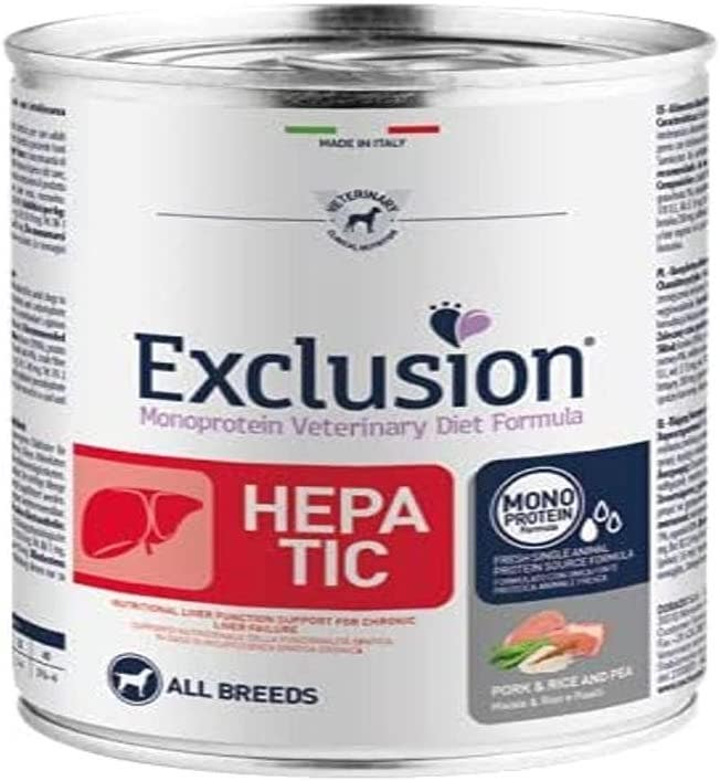 Exclusion Monoprotein Veterinary Formula Hepatic Cibo Umido Suino/Riso/Piselli Per Cani 200g