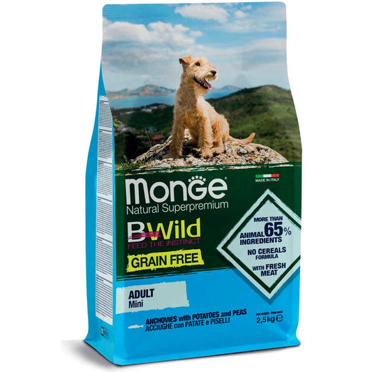 Monge B Wild Grain Free Acciughe Patate Piselli Cibo Secco Per Cani Adulti Taglia Piccola Sacco 2,5Kg