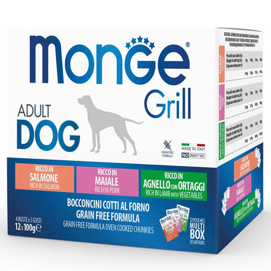 Monge Grill Adult Multibox Mix Salmone Maiale Agnello Cibo Umido Per Cani Adulti 12 Bustine