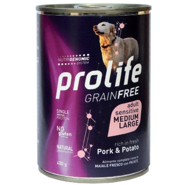 Prolife Grain Free Maiale Con Patate Cibo Umido Per Cani Adulti Taglia Media/Grande Lattina 800g