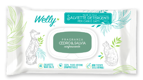 Welly Salviette Detergenti Rinfrescanti Cedro & Salvia Per Cani E Gatti 40 Pezzi