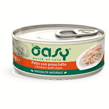 Oasy Wet Cat Pollo Con Prosciutto Cibo Umido Naturale Gatti Adulti Lattina 150g