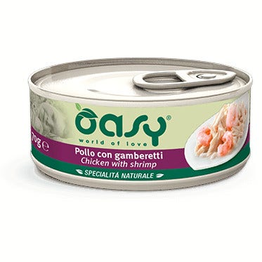 Oasy Wet Cat Pollo Con Gamberetti Cibo Umido Naturale Gatti Adulti Lattina 150g