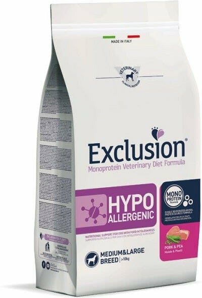 Exclusion Monoprotein Veterinary Diet Formula Hypoallergenic Porc/Pea Crocchette Con Maiale/Piselli Per Cani Adulti Taglia Medio/Grande Sacco 2kg