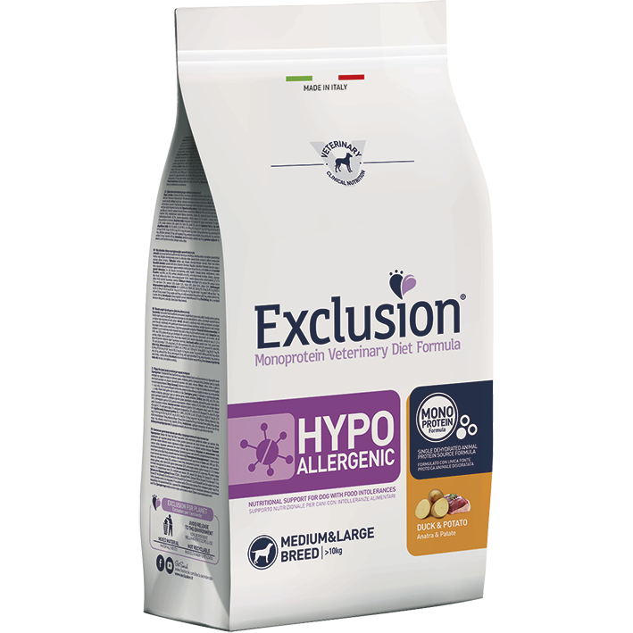 Exclusion Monoprotein Veterinary Diet Formula Hypoallergenic Crocchette Anatra/Patate Per Cani Taglia Media/Grande Sacco 12kg