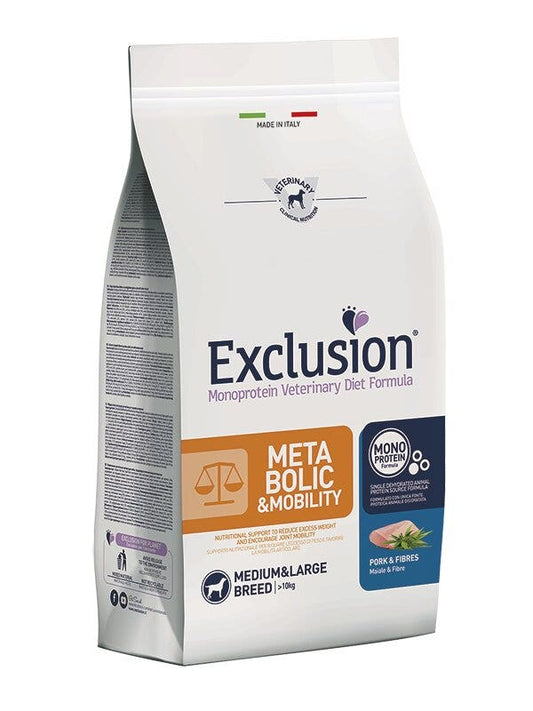 Exclusion Monoprotein Veterinary Diet Formula Metabolic & Mobility Crocchette Con Maiale/Fibre Per Cani Adulti Taglia Medio/Grande Sacco 12kg