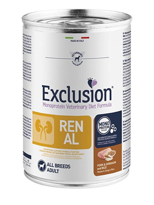 Exclusion Monoprotein Veterinary Diet Formula Renal Umido Sorgo/Suino/Riso Cani Lattina 400g