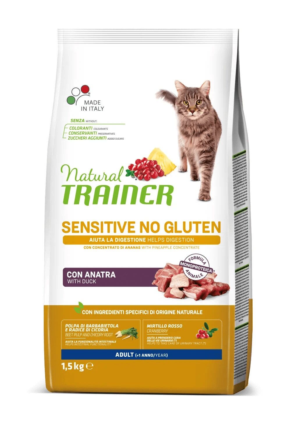 Natural Trainer Sensitive Crocchette Senza Glutine Con Anatra Per Gatto Adulto Sacco 1,5kg