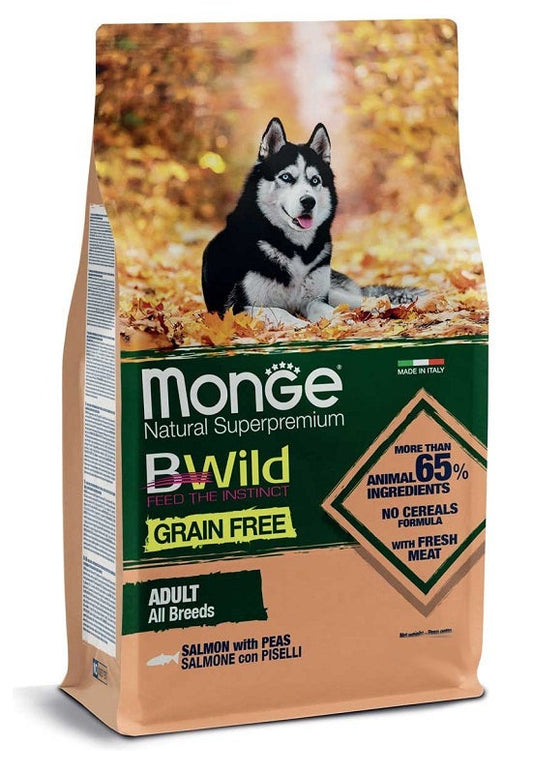 Monge Natural SuperPremium Grain Free Formula All Breeds Gusto Salmone Con Piselli Cibo Secco Cani Adulti Sacco 12kg