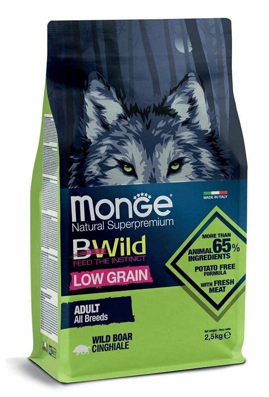 Monge B Wild Low Grain All Breeds con Cinghiale Cibo Secco Per Cani Adulti Sacco 2,5 Kg