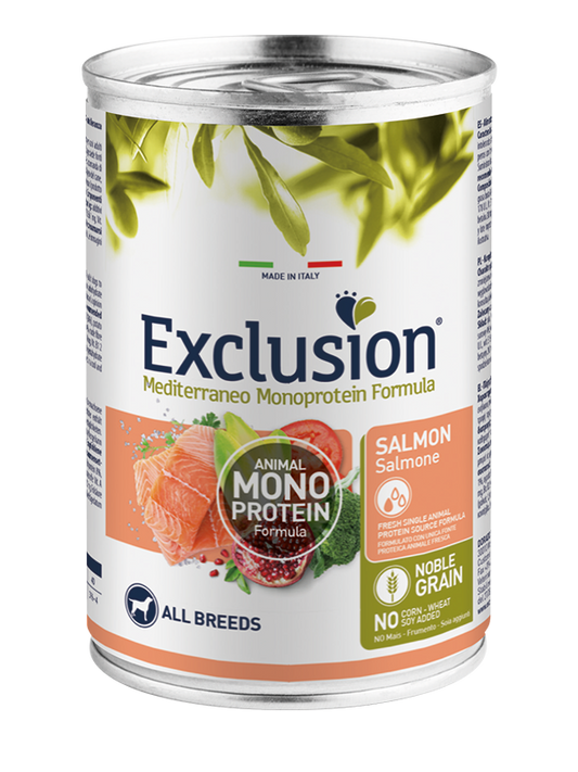 Exclusion Mediterraneo Monoprotein Noble Grain Cibo Umido Salmone Per Cani Adulti Lattina 400g