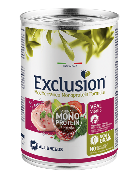 Exclusion Mediterraneo Monoprotein Noble Grain Cibo Umido Vitello Per Cani Adulti Lattina 400g