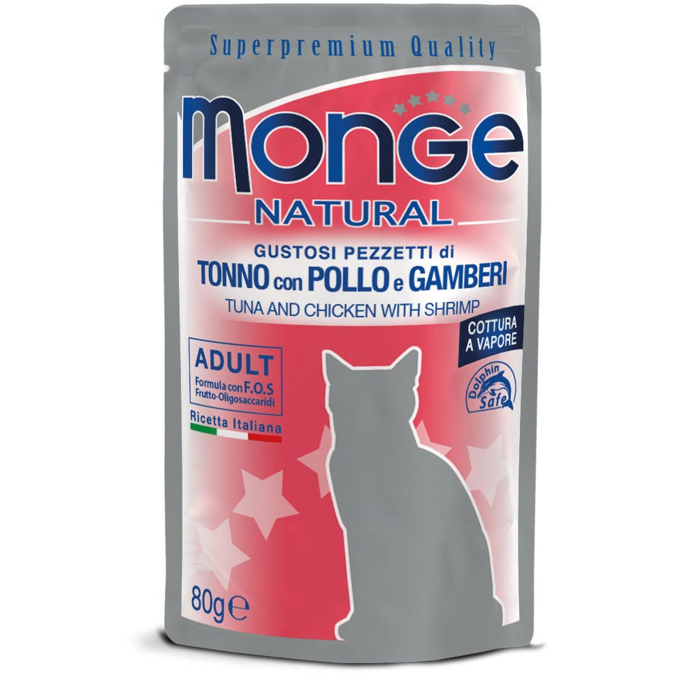 Monge Natural Superpremium Cotti a Vapor Tonno Pollo Gamberetti Cibo Umido Per Gatti Adulti 80g