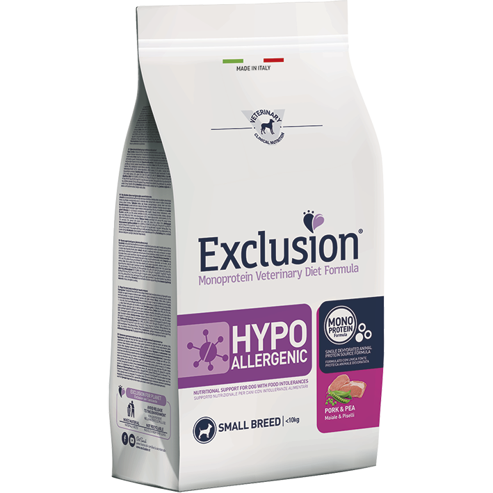 Exclusion Monoprotein Veterinary Diet Formula Hypoallergenic Crocchette Suino/Piselli Per Cani Taglia Piccola Sacco 2kg