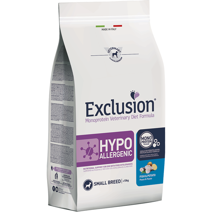 Exclusion Monoprotein Veterinary Diet Formula Hypoallergenic Crocchette Pesce/Patate Per Cani Taglia Piccola Sacco 2kg