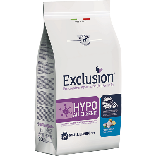 Exclusion Monoprotein Veterinary Diet Formula Hypoallergenic Crocchette Pesce/Patate Per Cani Taglia Piccola Sacco 2kg