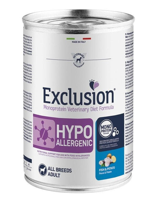 Exclusion Monoprotein Veterinary Diet Hypoallergenic Umido Pesce/Patate Cani Lattina 400g