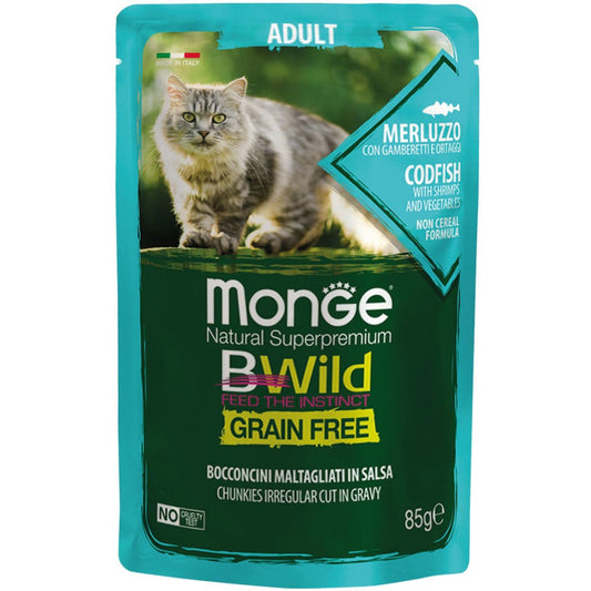 Monge B Wild Grain Free Merluzzo Gamberetti E Ortaggi Cibo Umido Per Gatti Adulti 85g