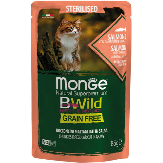 Monge B Wild Grain Free Salmone Gamberetti Con Ortaggi Cibo Umido Per Gatti Sterilizzati 85g