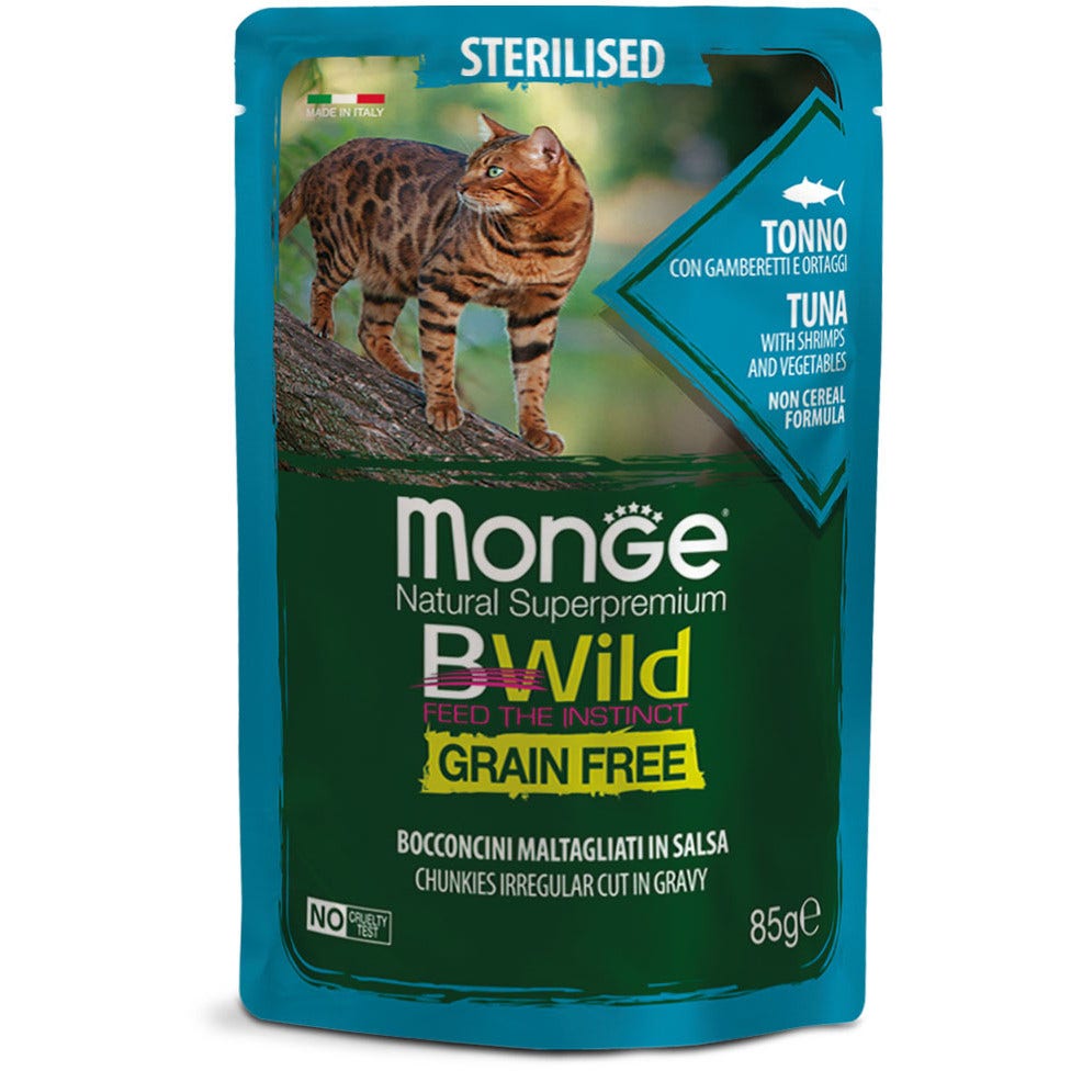 Monge B Wild Grain Free Tonno Gamberetti Ortaggi Cibo Umido Per Gatti Sterilizzati 85g