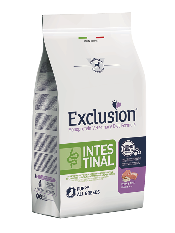 Exclusion Monoprotein Veterinary Diet Formula Intestinal Crocchette Suino/Riso Per Cuccioli Sacco 800g