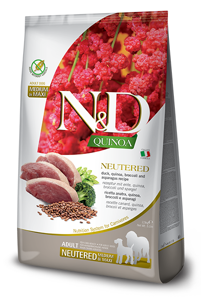 Farmina N&D Quinoa Neutered Anatra Broccoli Asparagi Cani Adulti Taglia Media E Grande Sacco 12kg