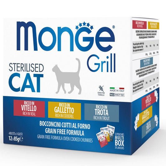 Monge Grill Sterilised Multibox Mix Vitello Galletto Trota Per Gatti Sterilizzati 12 Bustine