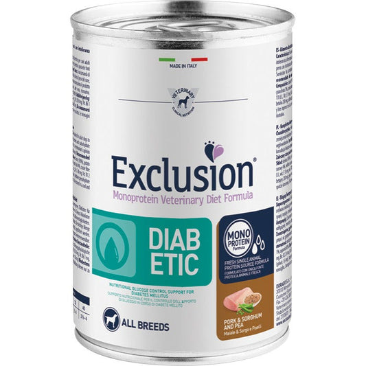 Exclusion Monoprotein Veterinary Diet Formula Diabetic Umido Suino/Sorgo/Piselli Per Cani Adulti 400g