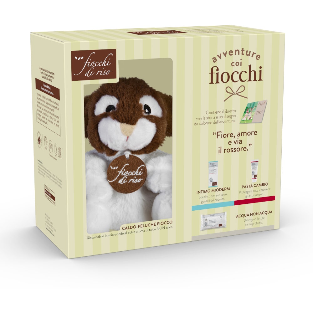 Fiocchi Di Riso Cofanetto Avventure Detergente Intimo + Pasta Cambio + Salviette + Peluche Riscaldabile + Libretto