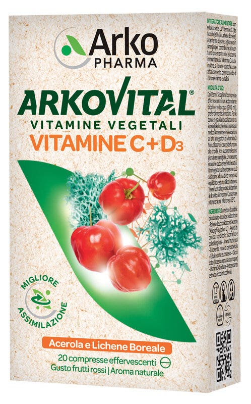 Arkopharma Arkovital Vitamine C+D3 Effervescenti Gusto Frutti Rossi 20 Compresse