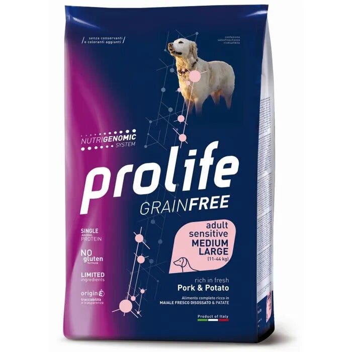 Prolife Dog Grain Free Sensitive Pork & Potato Cibo Secco Per Cani Adulti Taglia Media/Grande Sacco 10 Kg