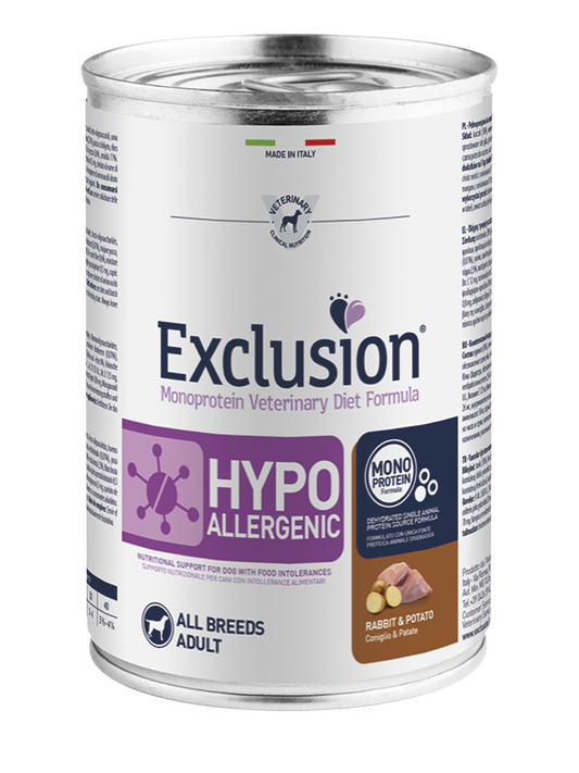 Exclusion Veterinary Diet Formula Hypoallergenic Per Cani Coniglio/Patate Lattina 400gr