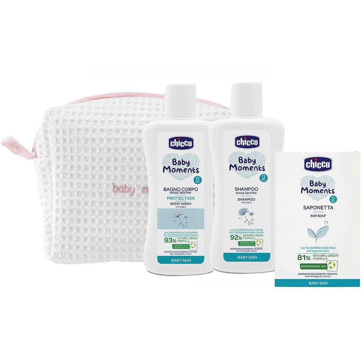 Chicco Baby Moments Beauty Bag Rosa Pelli Delicate Bagnoschiuma 200ml + Shampoo 200ml + Sapone Solido 100ml