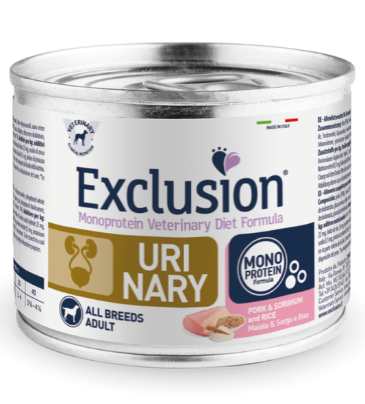 Exclusion Monoprotein Veterinary Diet Formula Urinary Cibo Umido Sorgo/Suino/Riso Per Cani Lattina 200g