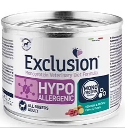 Exclusion Monoprotein Veterinary Diet Formula Hypoallergenic Umido Cervo/Patate Per Cani Adulti Lattina 200g