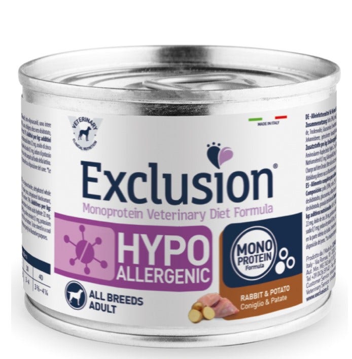 Exclusion Monoprotein Veterinary Diet Formula Hypoallergenic Cibo Umido Coniglio/Patate Lattina 200g