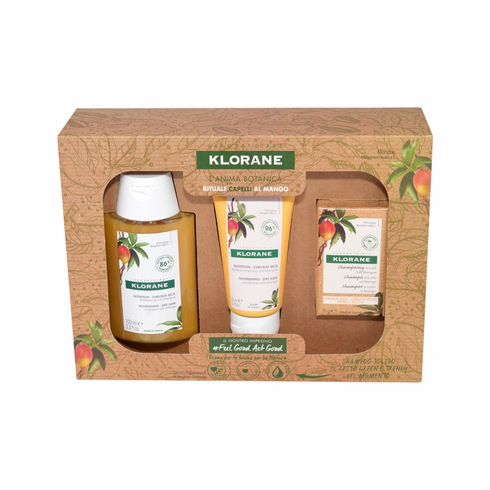 Klorane Cofanetto Rituale Capelli Secchi al Mango Shampoo 100ml + Balsamo 50ml + Shampoo Solido 80g