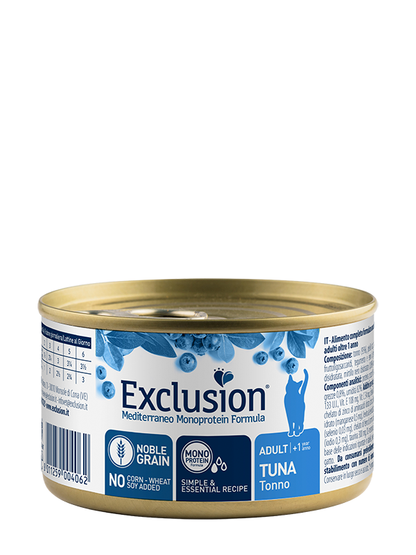 Exclusion Mediterraneo Monoprotein Noble Grain Umido Per Gatti Adulti Al Tonno Lattina 85gr