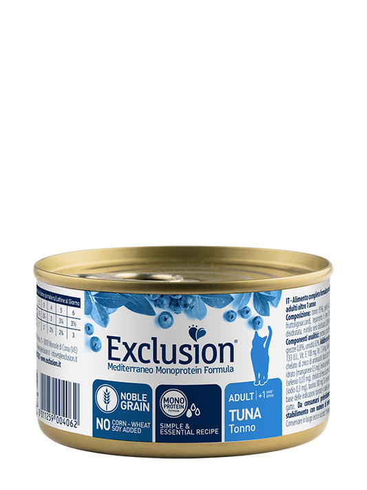 Exclusion Mediterraneo Monoprotein Noble Grain Umido Per Gatti Adulti Al Tonno Lattina 85gr